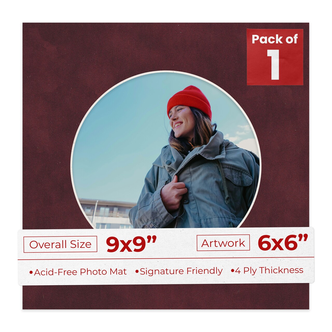Dark Red Suede Mat Board for 9x9 Frames - Circle Opening for 6x6 Photos